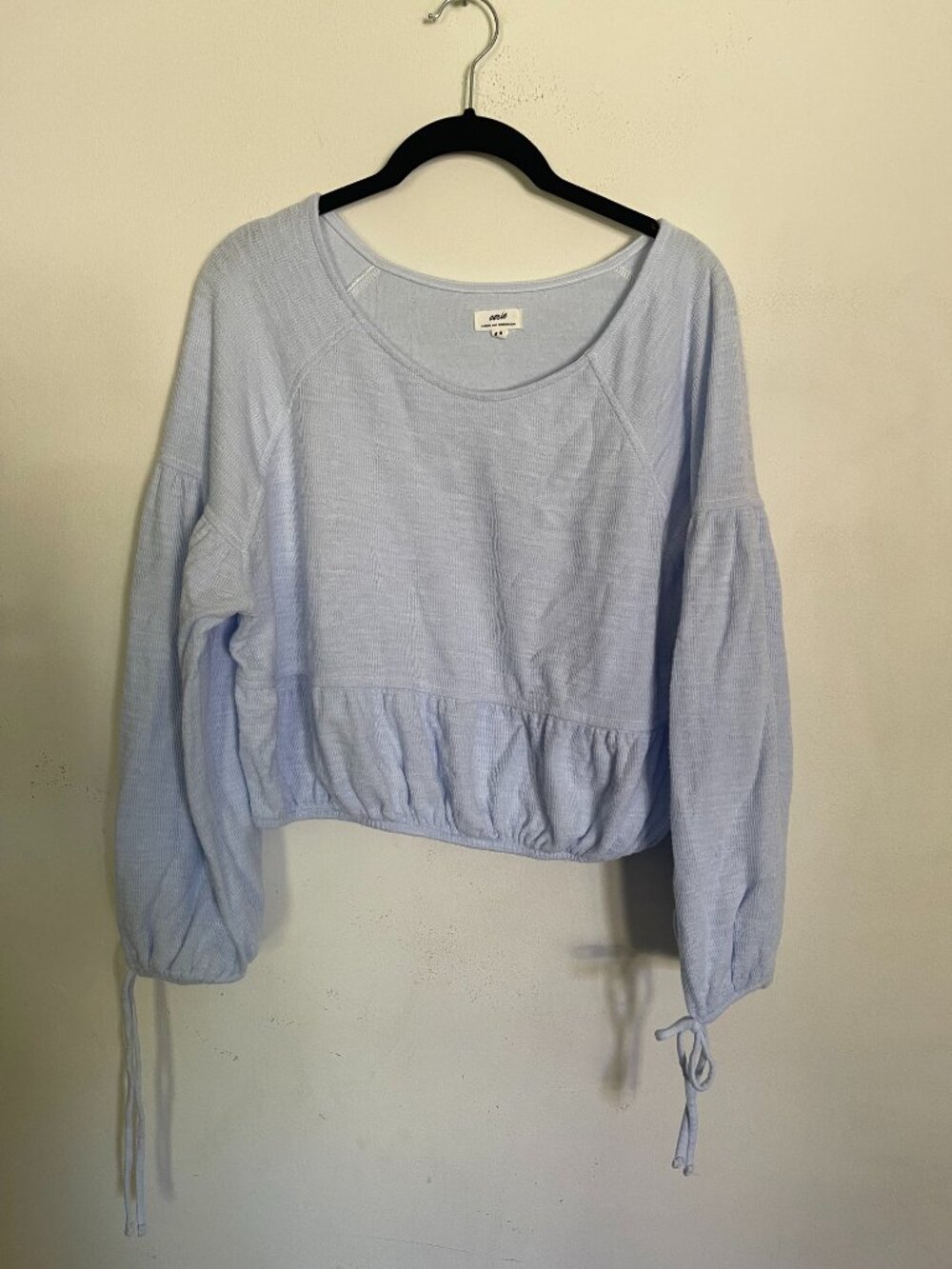 Aerie Womens Medium Textured Knit Crop Balloon Sleeve Tie Top Boho Oversized T10